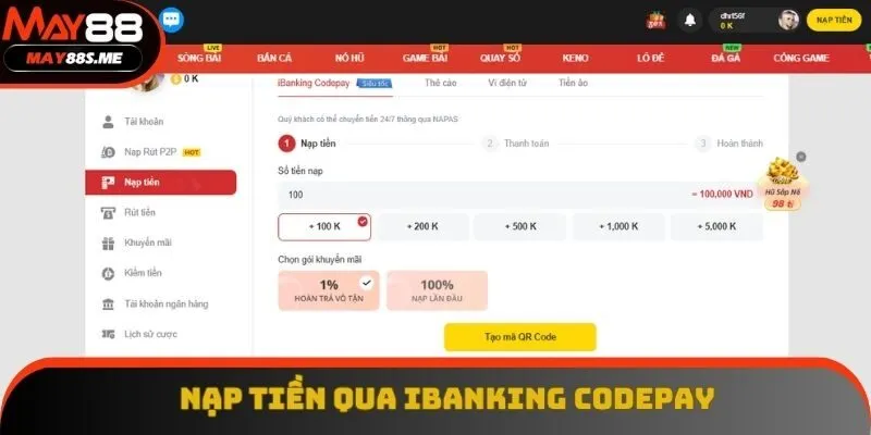 Nạp tiền vào nhà cái qua ibanking Codepay